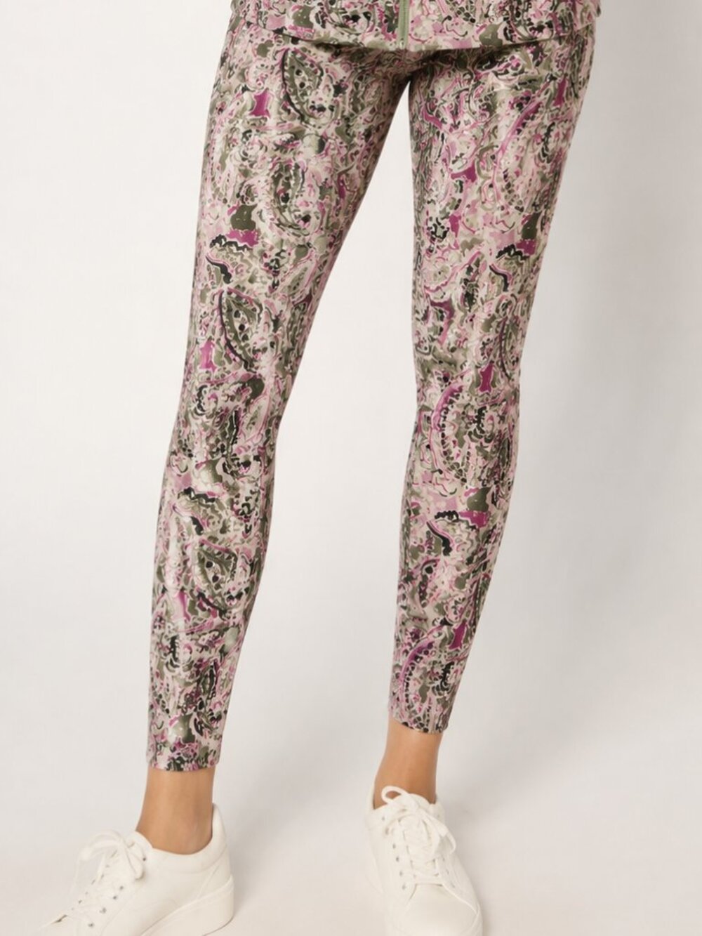 Belle by Kim Gravel Paisley Print Leggings Large Pink Olive Stretch Pull On